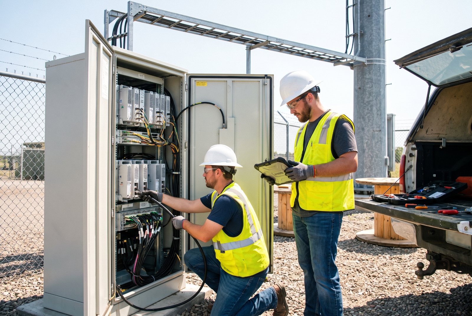 Technicians working at a cell-site base-station cabinet